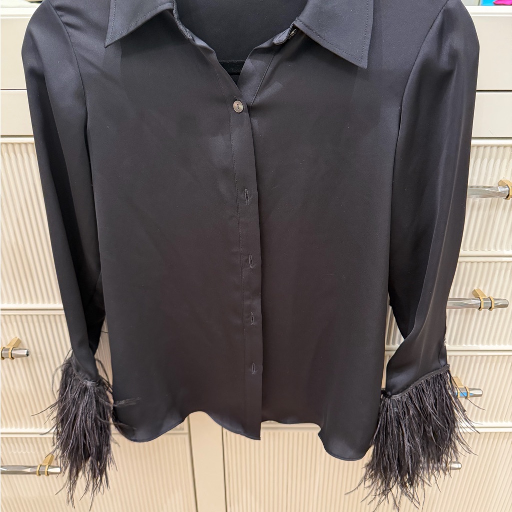 Ramy Brook Black Feather-Cuff Button Down Shirt